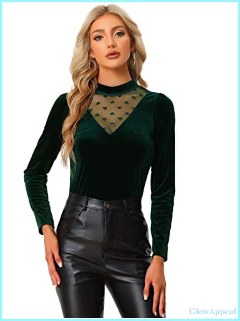 Velvet Mesh Panel Mock Neck Slim Fit Long Sleeve Blouse